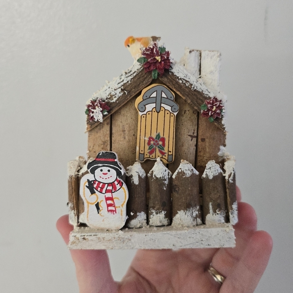 Christmas Cottage Wall Fence Handmade Hand Painted Rustic Wood Snowman Bird Snow